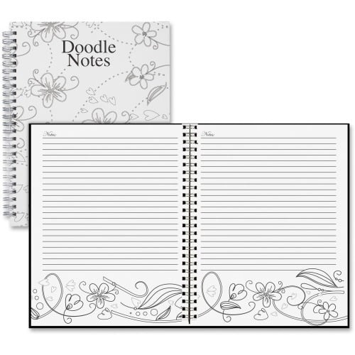 House of Doolittle Doodle Notes Spiral Notebook 111 Pages - Spiral Bound - 7' x 9' - Black & White Cover Flower - Hard Cover - Recycled - 1Each