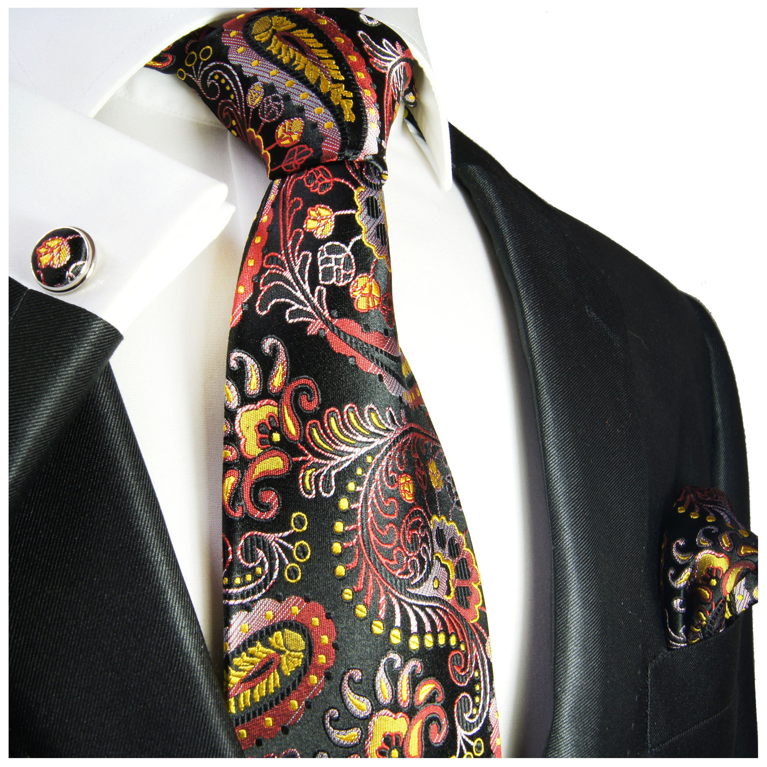 Red and Black Paisley Silk Necktie Set by Paul Malone 