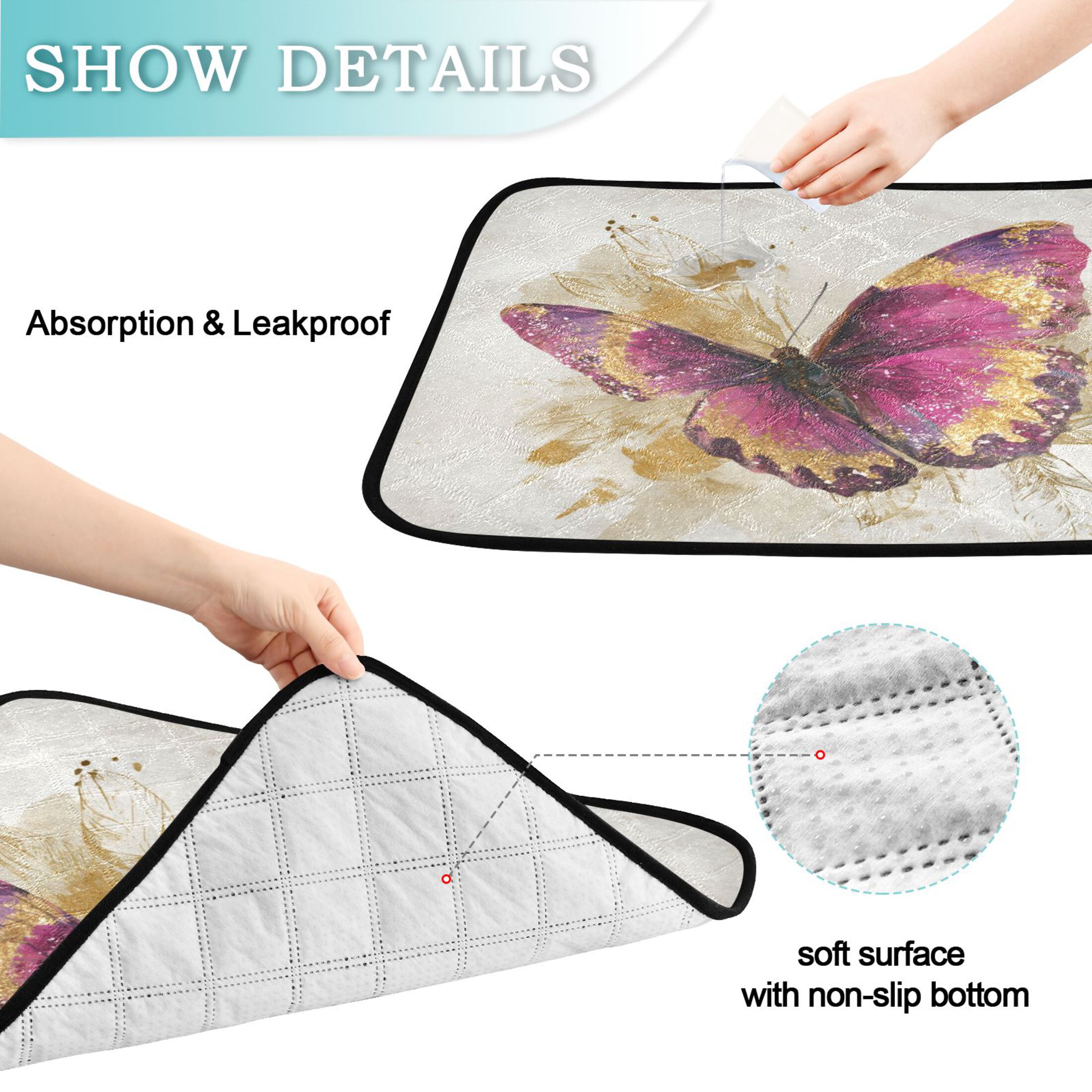 Qxltty Burgundy Butterfly Cat litter Pads Pet Set of 3 Diaper Mats Center Anti-leakage Layer Absorbent Soft and Comfortable