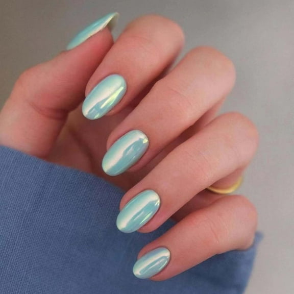 Chrome Press on Nails Short Oval Fake Nails Pearl White False Nails with Design Glossy Glue on Nails Acrylic Nails Full Cover Reusable Artificial Stick on Nails for Women Girls Manicure 24Pcs style