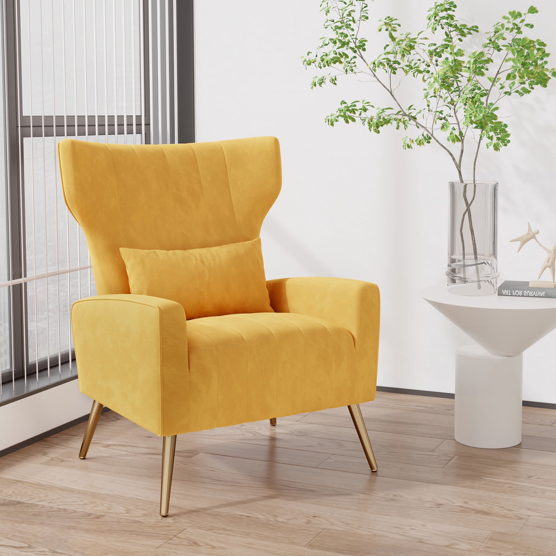 MOONMISS Velvet Accent Chair for Living Room, Modern Arm Chair with Pillow, Single Sofa Lounge Chair for Bedroom & Reading Room,Yellow
