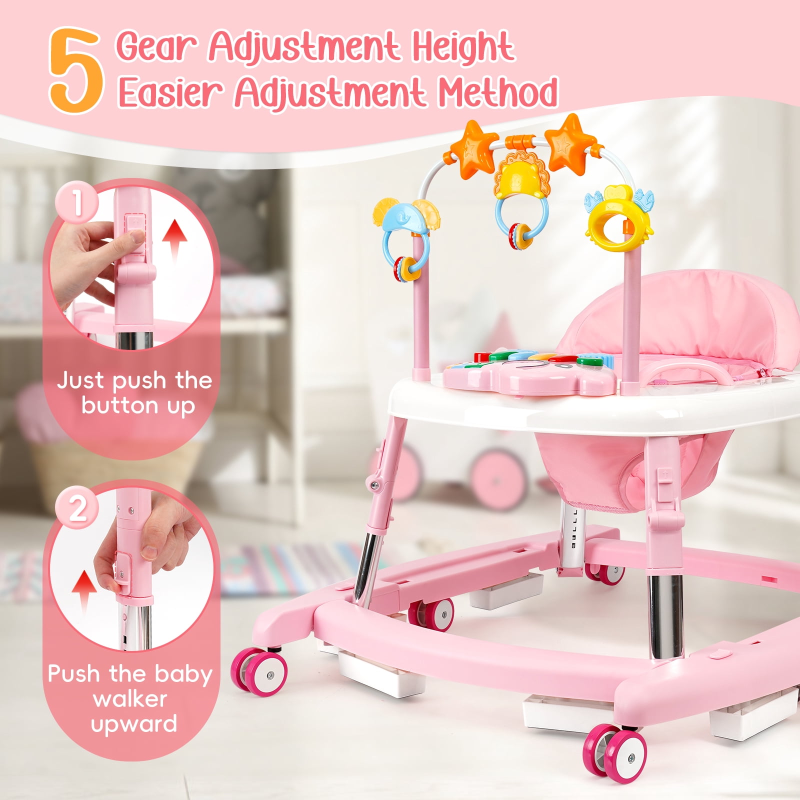 5-in-1 Foldable Baby Walker with Music & Lights – Adjustable Height, Wheels & Bouncer, Portable Toddler Walker for Baby Girls 6-18 Months, Pink