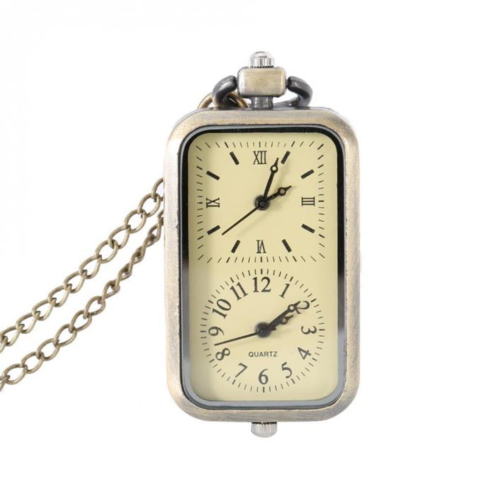 Pocket Watch Bronze Vintage Dual Double Time Zone Movement Necklace, WP