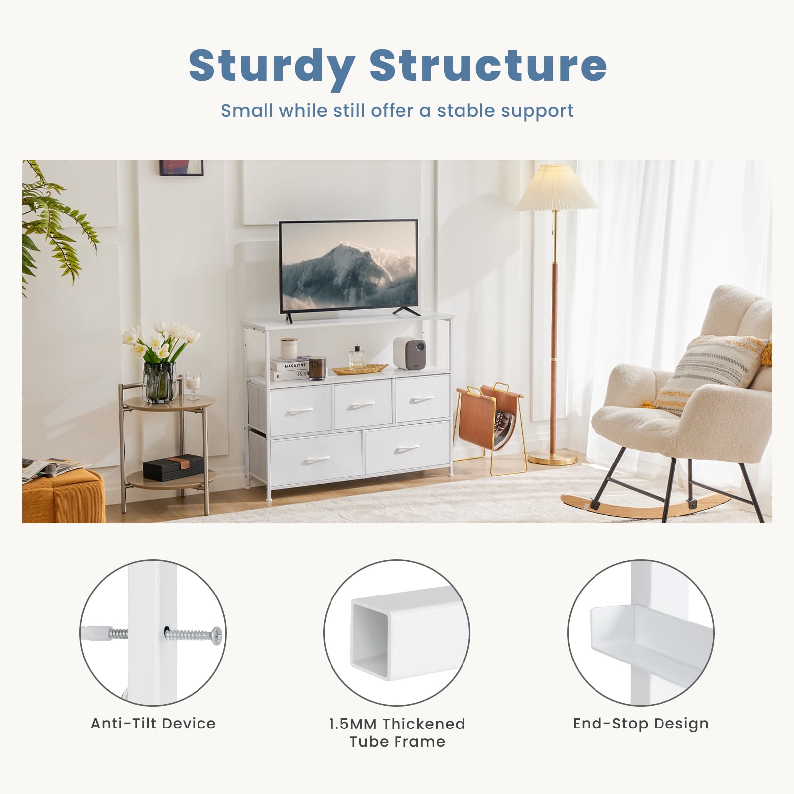 CONCETTA TV Stand Dresser with 5 Fabric Drawers and Open Shelving, Multi-functional Storage Unit Fits TV up to 45 inches for Bedroom Living Room Hallway, White