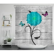 HVEST Farmhouse Floral Shower Curtain Teal Dahlia Flower with Butterfly on Rustic Wood Bathroom Shower Curtain Farmhouse Bathroom Decor Polyester Turquoise Fabric Bath Accessories with Hooks, 70x69 In