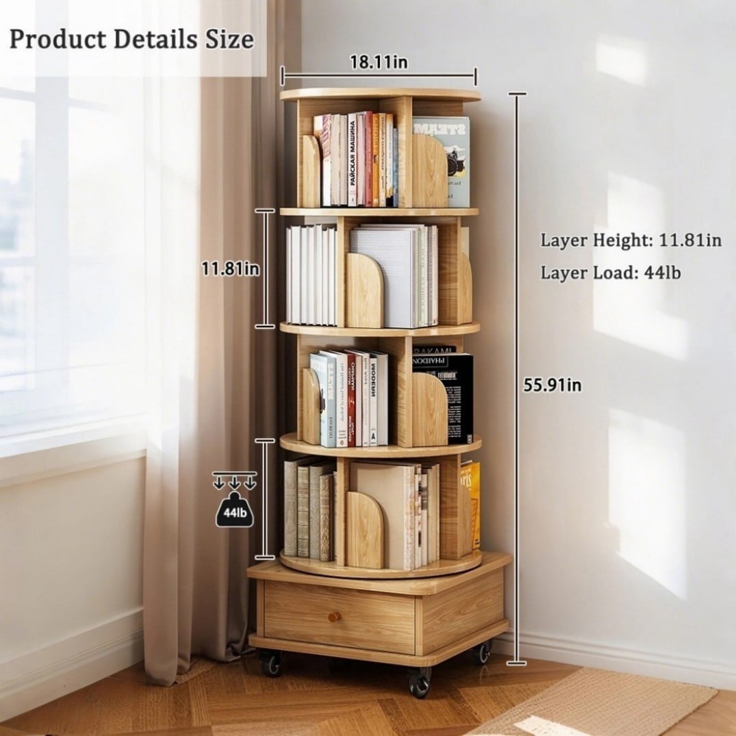 4-Tier Rotating Bookshelf with Wheels, 360° Spinning Bookcase Tower with Bottom Drawer & Wraparound Baffles, Space-Saving Storage Shelf for Bedroom, Living Room & Office, Oak