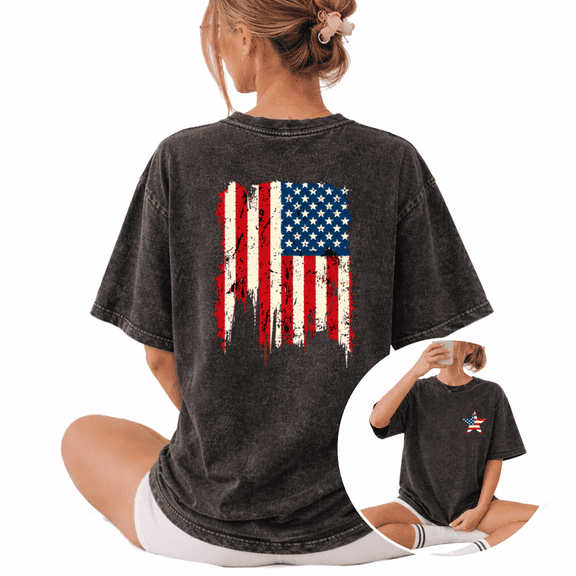 Vintage USA Distressed Flag Patriotic 4th Of July Wash Print Tshirt S-2XL Washed Black Graphic Tees Casual Shirts for Patriotic Tops