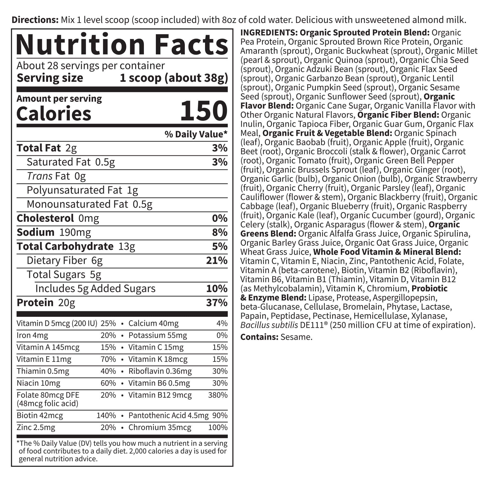 Garden of Life Raw Organic Meal Plant-Based Protein Powder, Lightly Sweet, 28 Servings