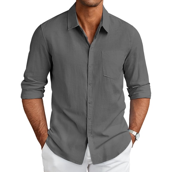 Mens Casual Button Down Shirts Linen Shirts Regular Fit Beach Shirt DarkGrey 3XL