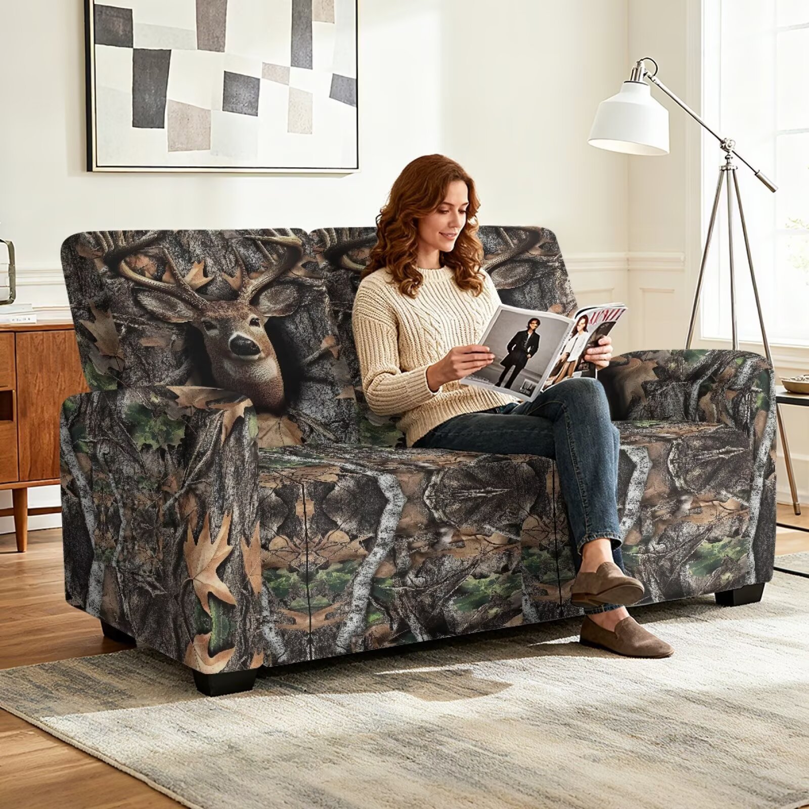 Yuyamidu Black Camo Loveseat Recliner Covers 2 Seater Hunting Branch Recliner Loveseat Slipcover with Elastic Edge Breathable Furniture Protector