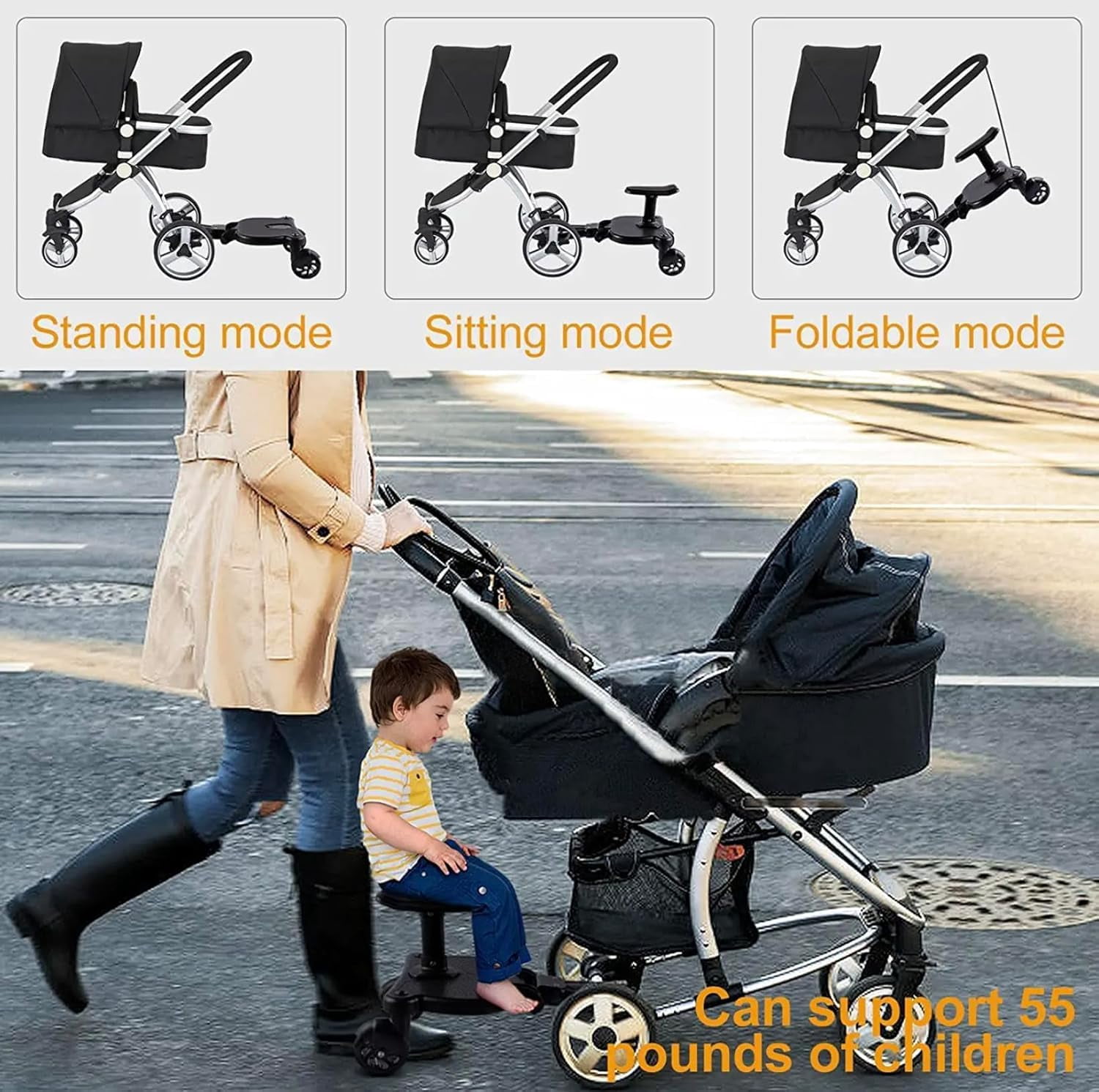 Toddlers Stroller Board Attachment Baby seat with Detachable - 2 in1 Sit and Stand up Buggies and Prams Toddler to Ride - Black