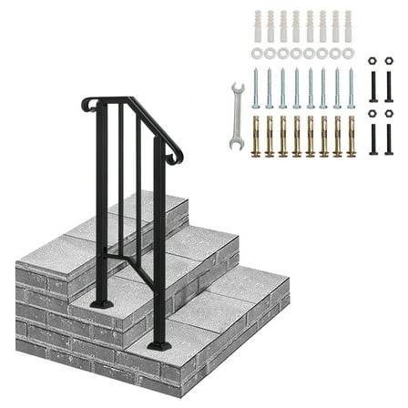 Ktaxon Outdoor 1-2 Step Wrought Iron Picket Handrail Black