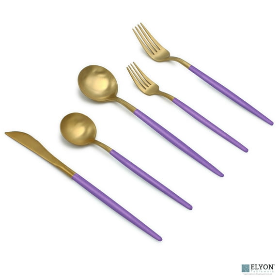 Elyon Tableware Lea 20-Piece Matte Gold Lavender Flatware Set, Stainless Steel, Lavender Thin Handles, Service For 4