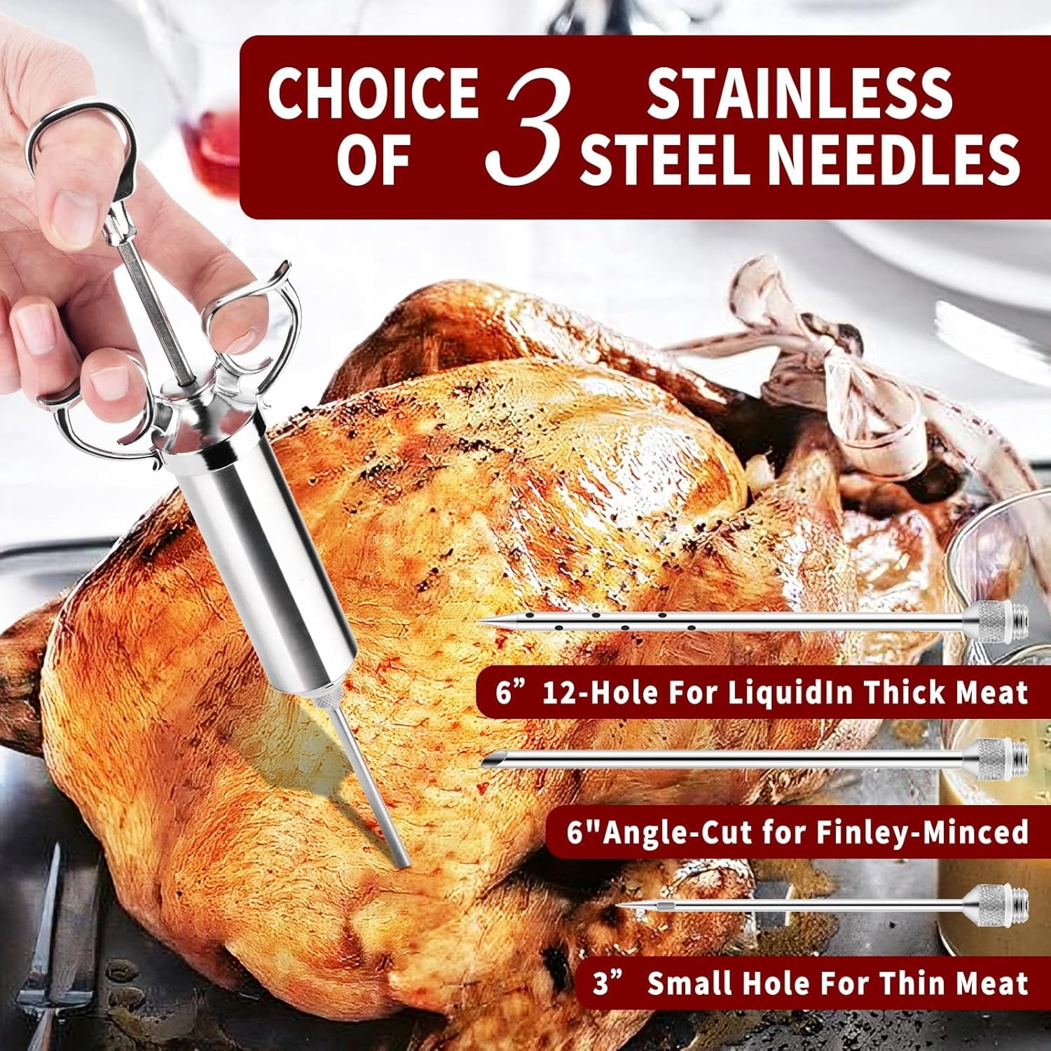 Meat Injector Syringe Kit, 2-oz Large Capacity Marinade Turkey Injector with 3pcs Stainless Steel Marinade Injector Needles for BBQ Grill Smoker & Turkey & Brisket