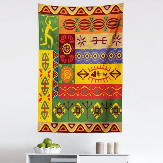 African Tapestry, Abstract West Folk Art Forms Unique Lines Print, Fabric Wall Hanging Decor for Bedroom Living Room Dorm, 5 Sizes, Multicolor, by Ambesonne