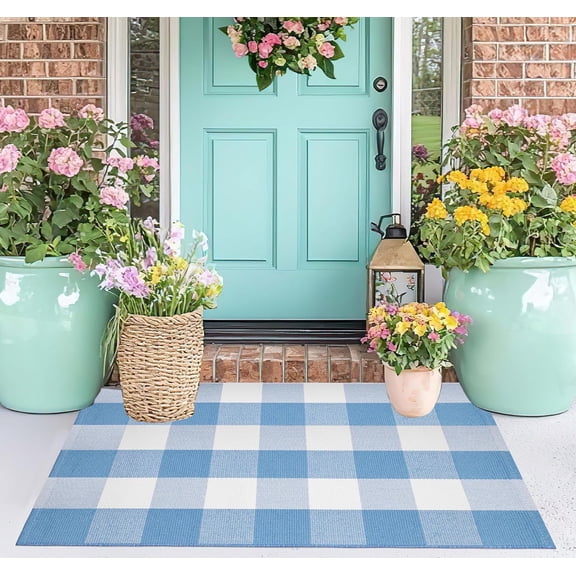 Light Blue and White Front Door Mat 24''X35'' Buffalo Plaid Checked Front Porch Rug Cotton Woven Washable Rug Layering Doormat for Welcome Door Mat Entryway Dining Room Bedroom Living Room