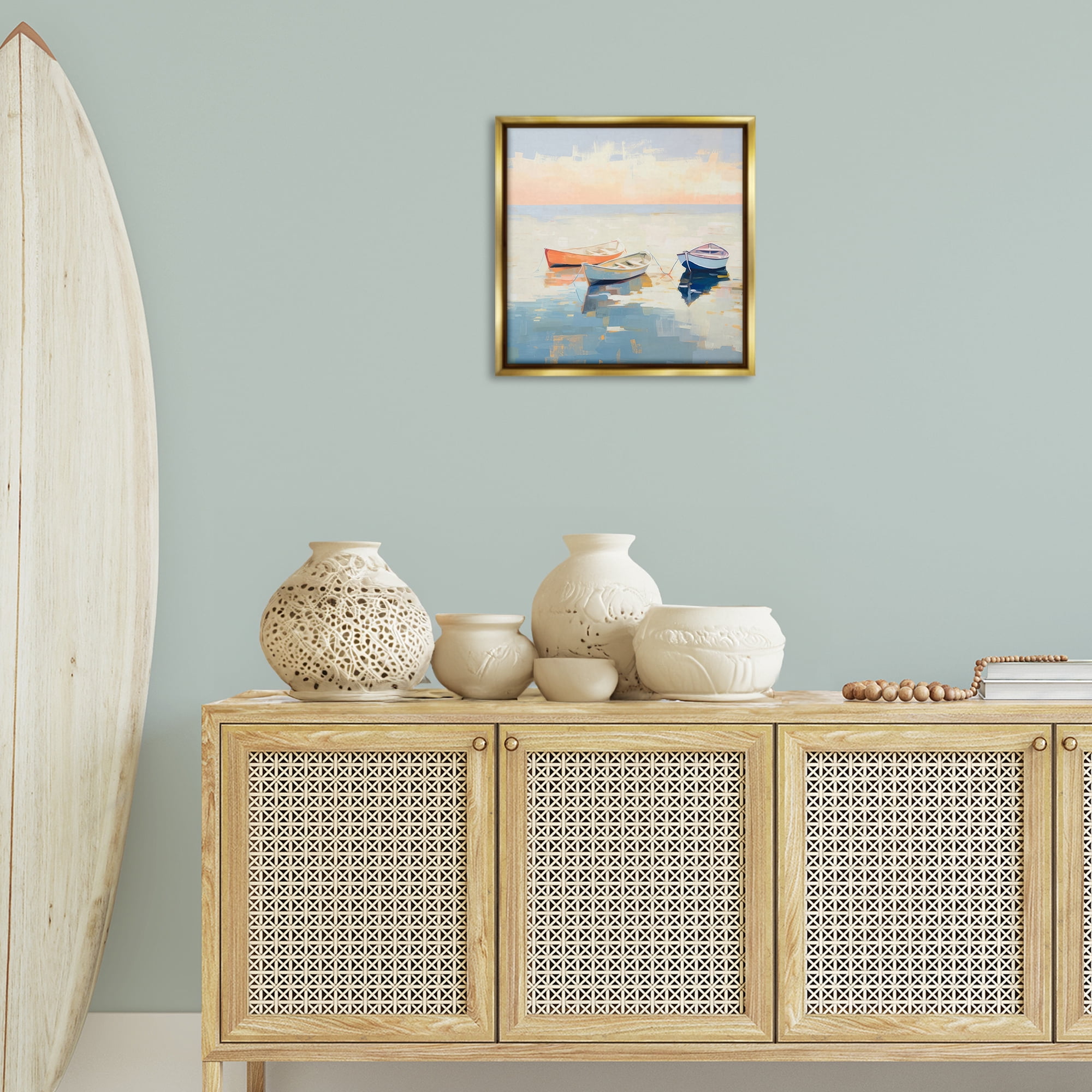 Stupell Industries Boats & Coastal Breeze Nautical & Beach Painting Gold Floater Framed Canvas Art Print Wall Art, 18 x 18