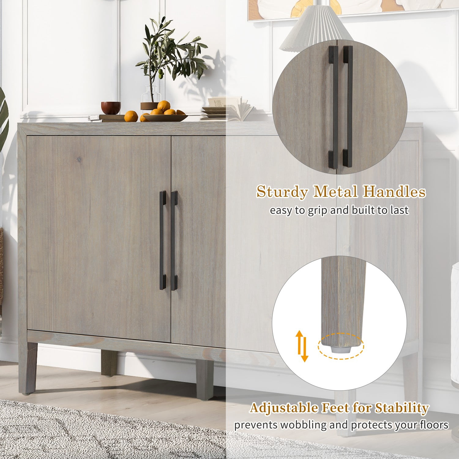 47.25" Farmhouse Sideboard Buffet Cabinet with Storage, 2 Door Wooden Coffee Bar Cabinet with Pine Veneer and Metal Handles for Kitchen, Living Room, Entryway, Gray