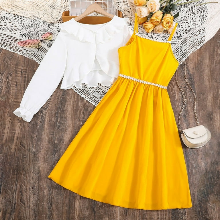 Lnmqlpdbs Dresses Sets for Girls Halter Ruffle Flowy Dress & Layered Ruffle Long Sleeve Sun Protection Coat 2pcs Outfits Trendy Summer Clothes Set for