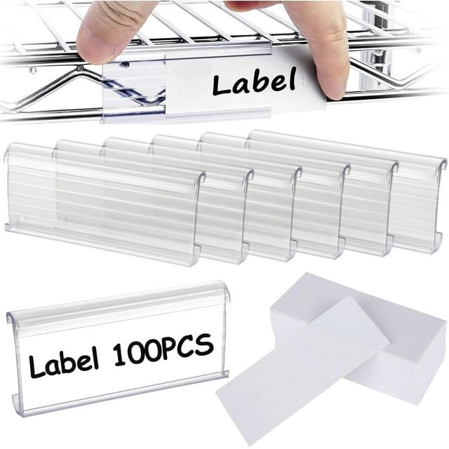 100 PCS Wire Shelf Label Holders Plastic Wire Label Holder Shelf Labels Clips with Label Paper Inserts, Clear Wire Rack Label Holder, Wire Shelf Label Tags for 1-1/4” Wire Shelving