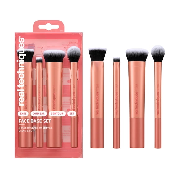 Real Techniques Face Base Makeup Brush Kit for Foundation & Contour,  Pink, 4 Piece Set
