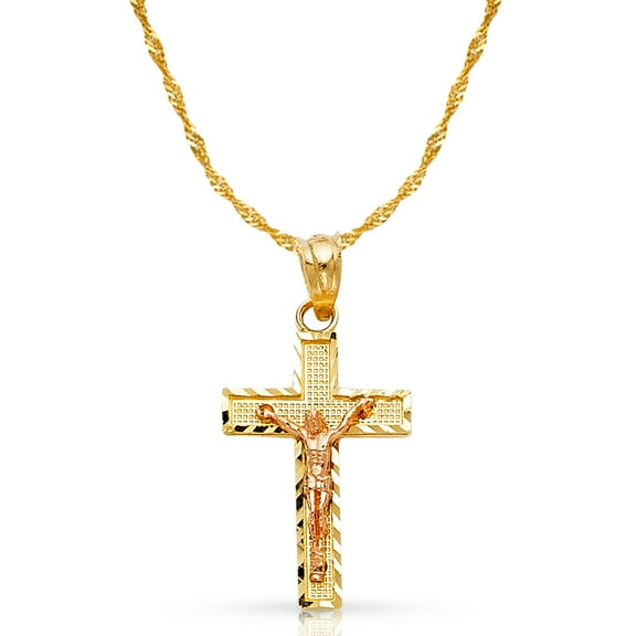 14K Two Tone Gold Jesus Crucifix Cross Pendant with 0.9mm Singapore Chain Chain Necklace
