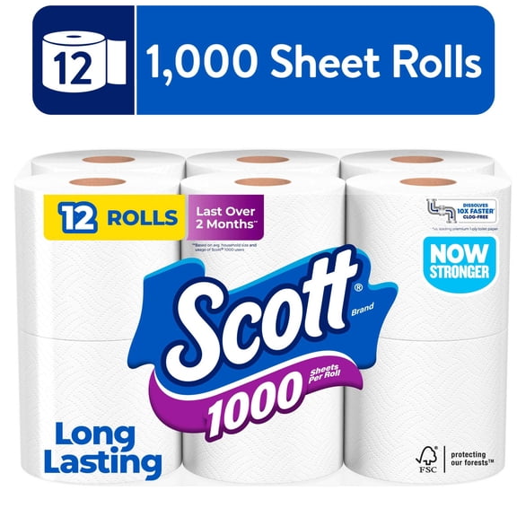 Scott 1000 Toilet Paper, 12 Rolls, 1,000 Sheets per Roll