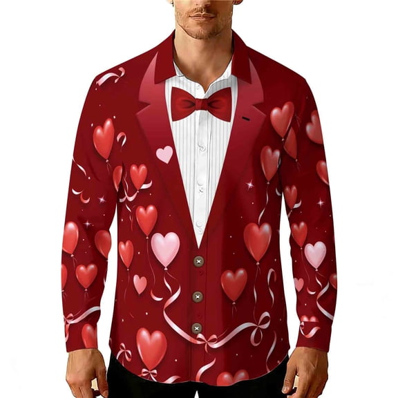 Atogsazn Mens Valentine's Day Shirts Casual Hearts Printed Long Sleeve Button Up Shirt Work Bussiness Tops Wine XL Fashion