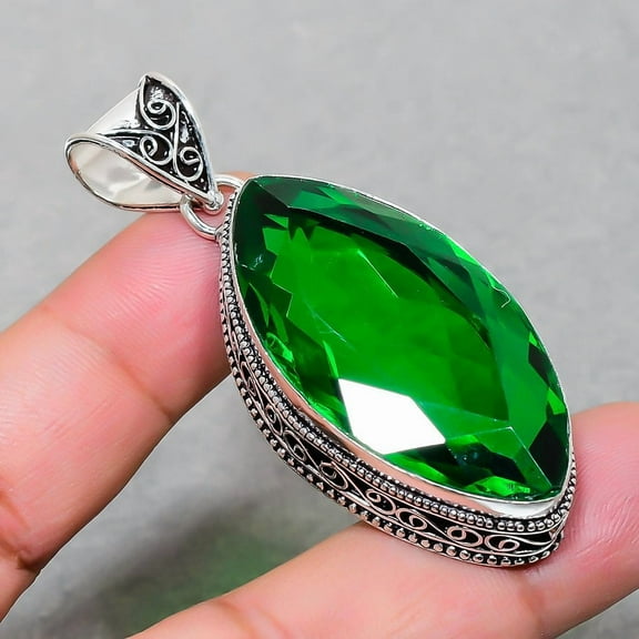 Green Tourmaline Gemstone Pendant Handmade Marquise Shape Vintage Jewelry 2.40"