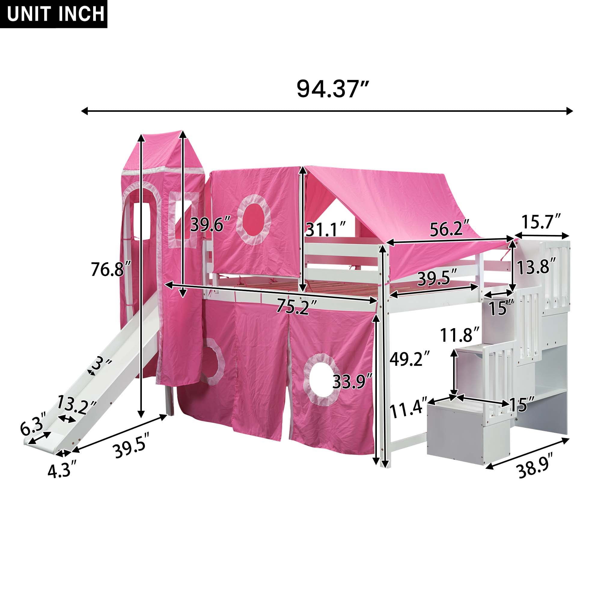 Aukfa Full Size Loft Bed with Slide - Princess Castle Bed with Stairway Tent Tower for Kids Girls - Pink