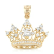 Ioka - 14K Yellow Gold 15 Years Quinceanera Princess Crown or Tiara CZ Charm Pendant For Necklace or Chain