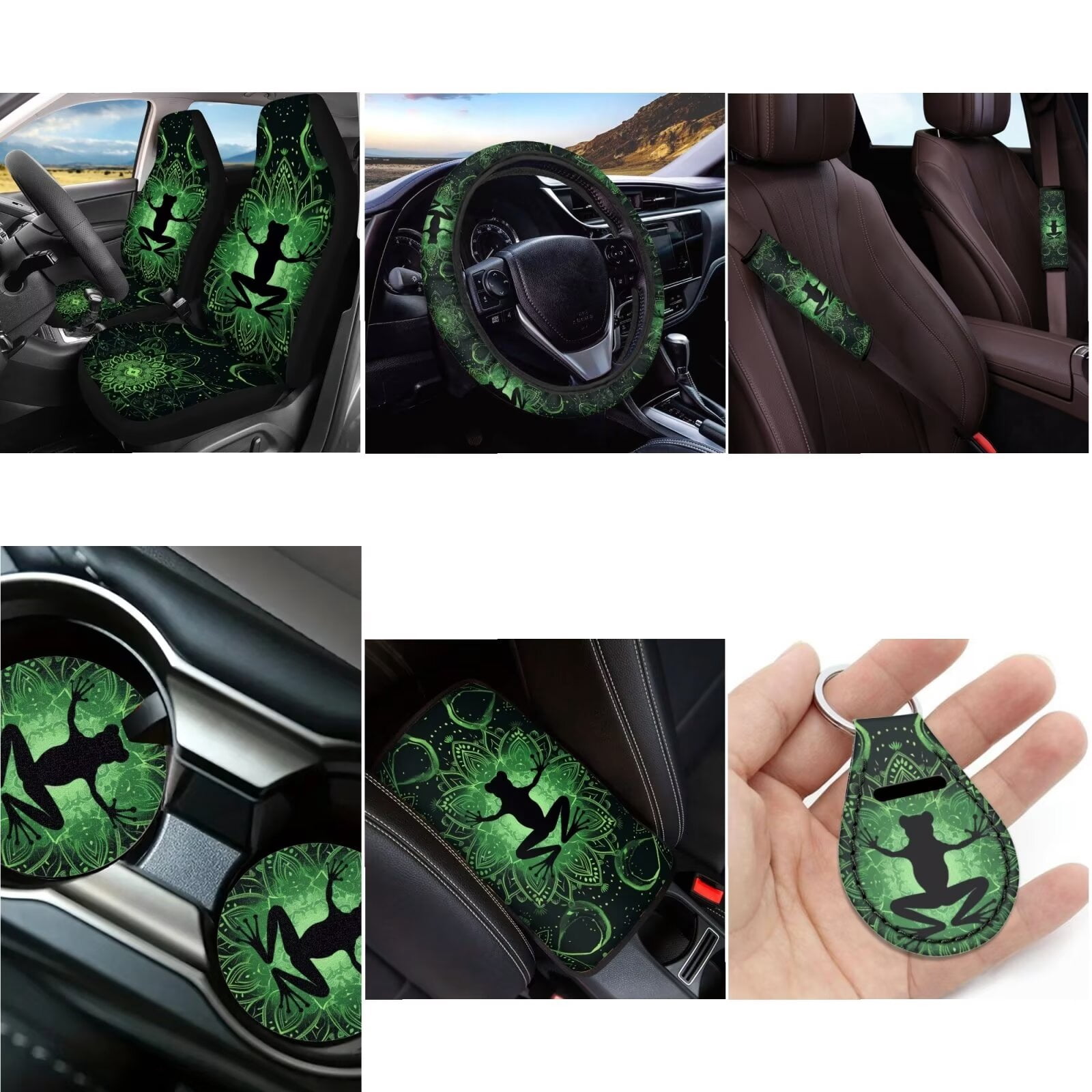 LedBack Boho Frog Printed Car Seat Covers Full Set for Women Men, Neoprene Steering Wheel Cover Seatbelt Front Rear Seat Backrest Bottom Universal Fit Most Vehicles Easy to Install