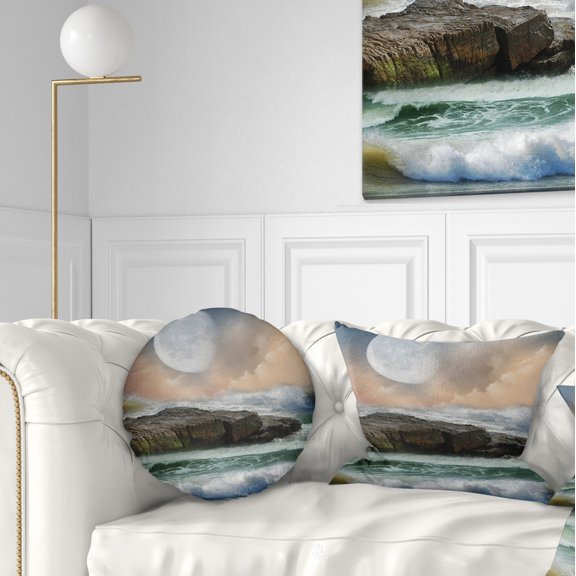 Designart Roaring Ocean Under Large Moon - Seascape Photography Throw Pillow - 12x20
