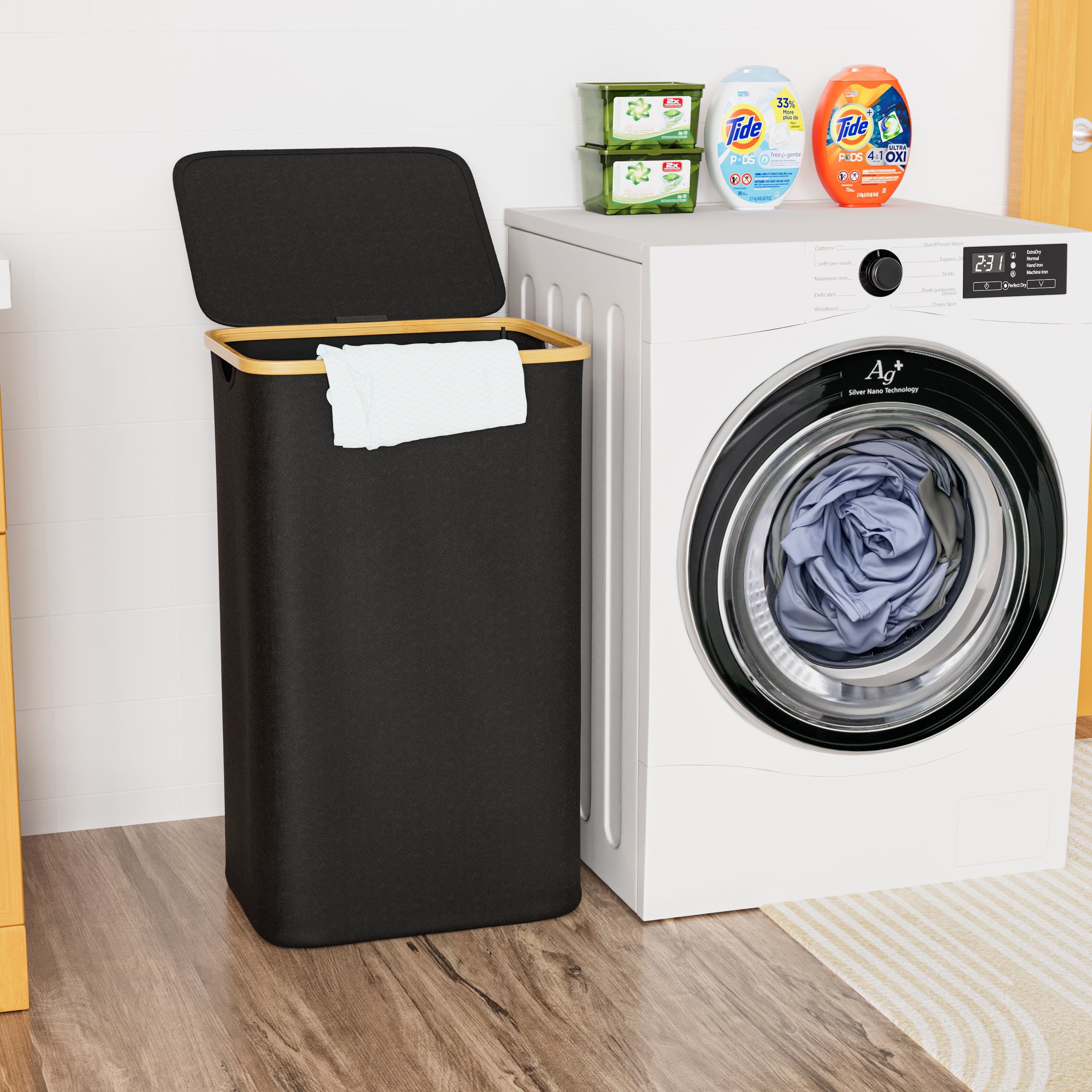 Tooloton 110L Large Laundry Hamper, Foldable, Fabric, Black