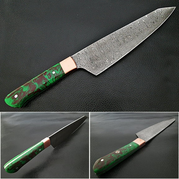 Gyutou FORGED Chef Knife Resin Grips Green Brown by White Deer Tempered 1095 HC