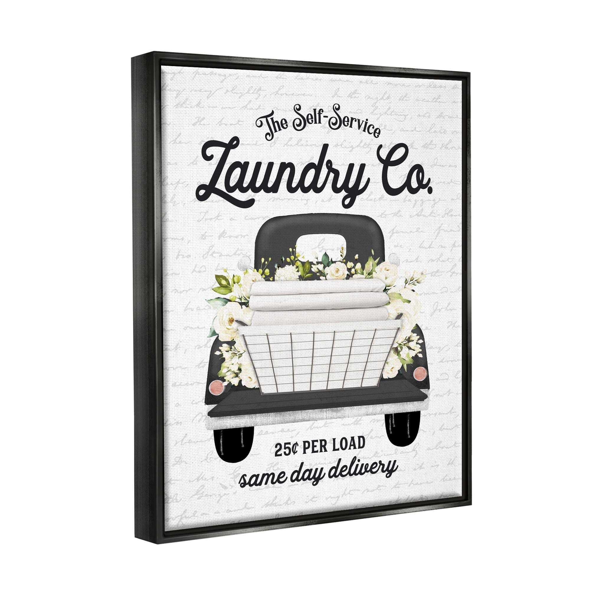 Stupell Industries Laundry Co. White Flower Bouquet Truck Service Graphic Art Jet Black Floating Framed Canvas Print Wall Art, Design by Lettered and Lined