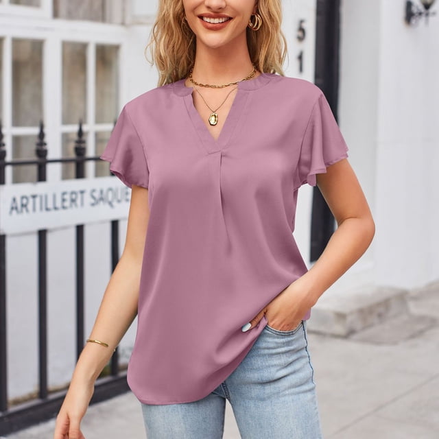 Fiudx Ofertas de La Semana Blusas Informales Sólidas de Manga Corta con Volantes y Cuello En V de Verano para Mujer a La Moda