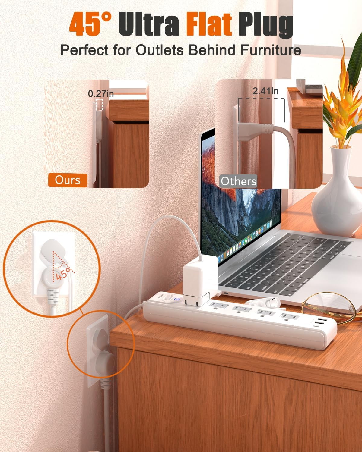 2 Prong trip, 2 Prong to 3 Prong Outlet Adapter, 5ft Extension Cord with Polarized Plug, 1680J Surge Protector, 5 AC Outlets & 3 USB, Wall Mountable, Ideal for Non-Grounded Outlets