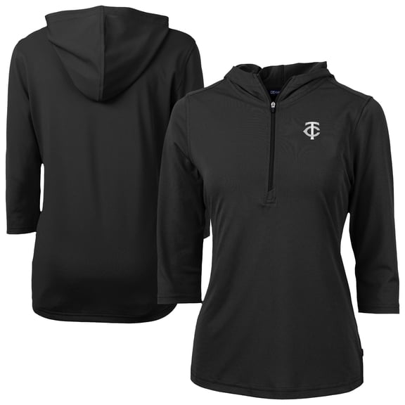 Women's Cutter & Buck Black Minnesota Twins Virtue Eco Pique Half-Zip 3/4 Sleeve Pullover Hoodie