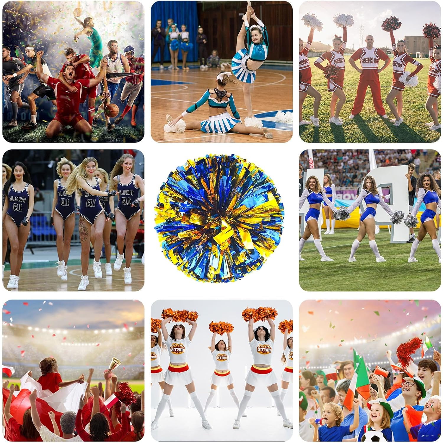 8 PCS Metallic Cheerleading Pom Pom for Team Spirit Sports Dance Cheering Kids Adults-Ring Style