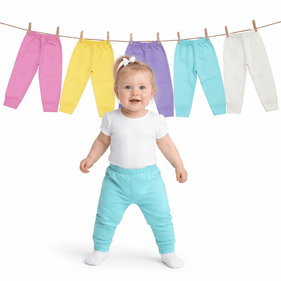 Paquete con 5 Pantalones Suaves para Bebé Niña combinación de colores pastel, Baby Planet México, Talla 0 a 3 Meses, 100% Algodón.