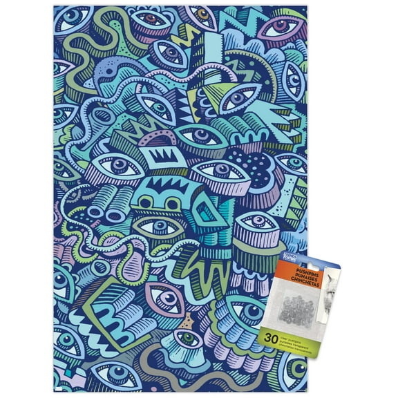 Big Blue Doodle Wall Poster with Push Pins, 14.725" x 22.375"