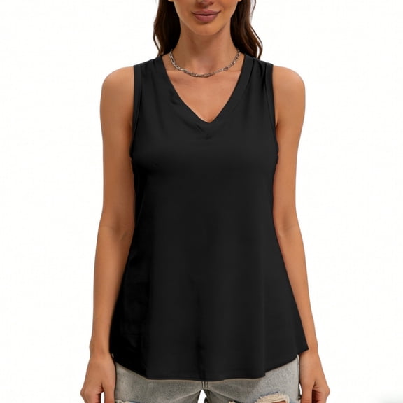 Women's V Neck Sleeveless Tank Tops Loose Fit Summer Tee Black