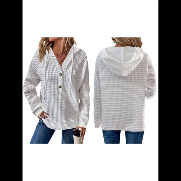 Sudadera Informal de Punto Gofre para Mujer 2025, Suéter de Cuello en V con Botones Extragrandes y Capucha con Cordón. XL