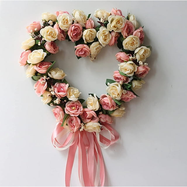 Corona de San Valentín para puerta de entrada, 13,7" de largo, corona de tela roja en forma de corazón para Navidad, aniversario, citas y fiestas
