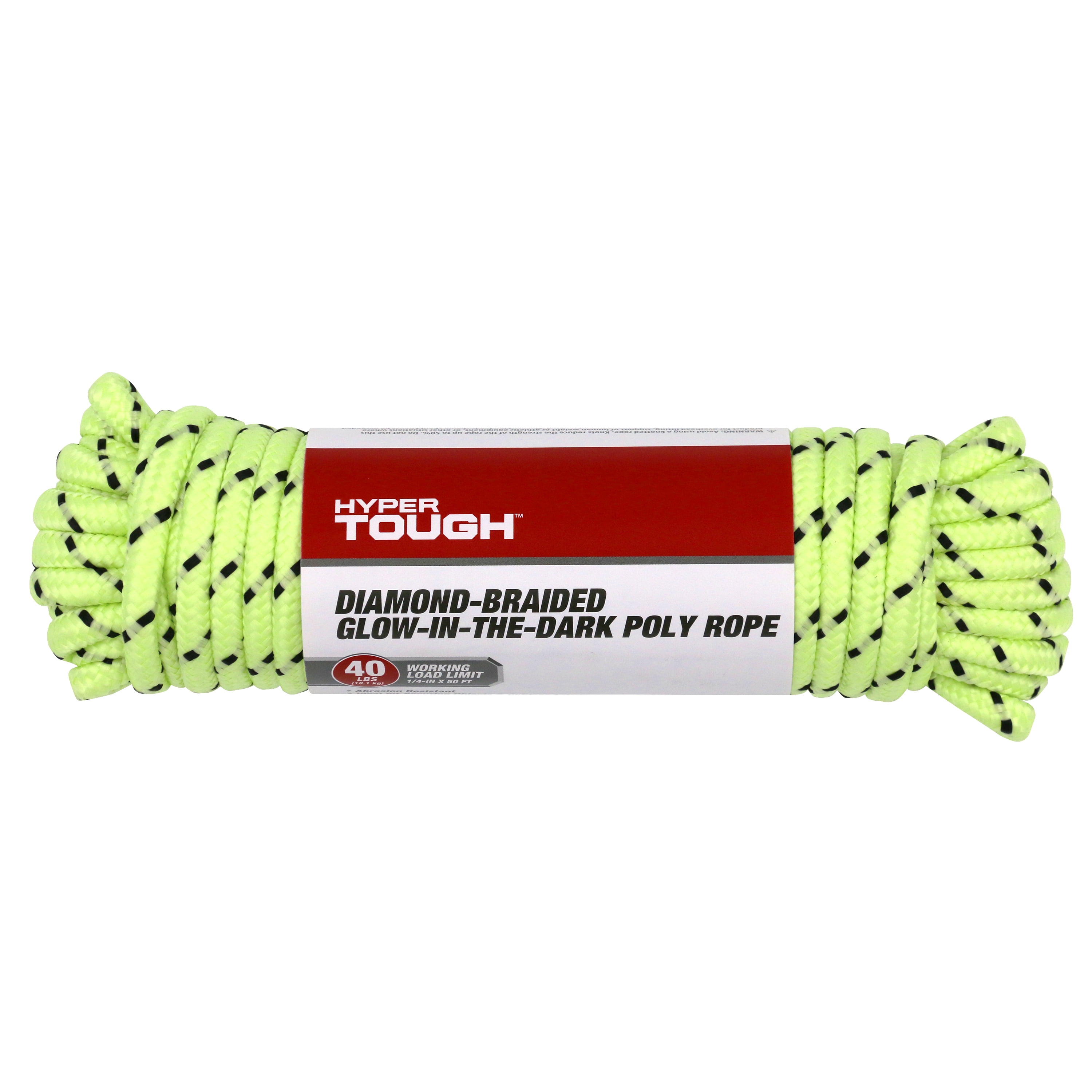 (3 pack) Hyper Tough 1/4 inch Glow-in-Dark Polypropylene Diamond-Braid Rope, 50 feet, Green