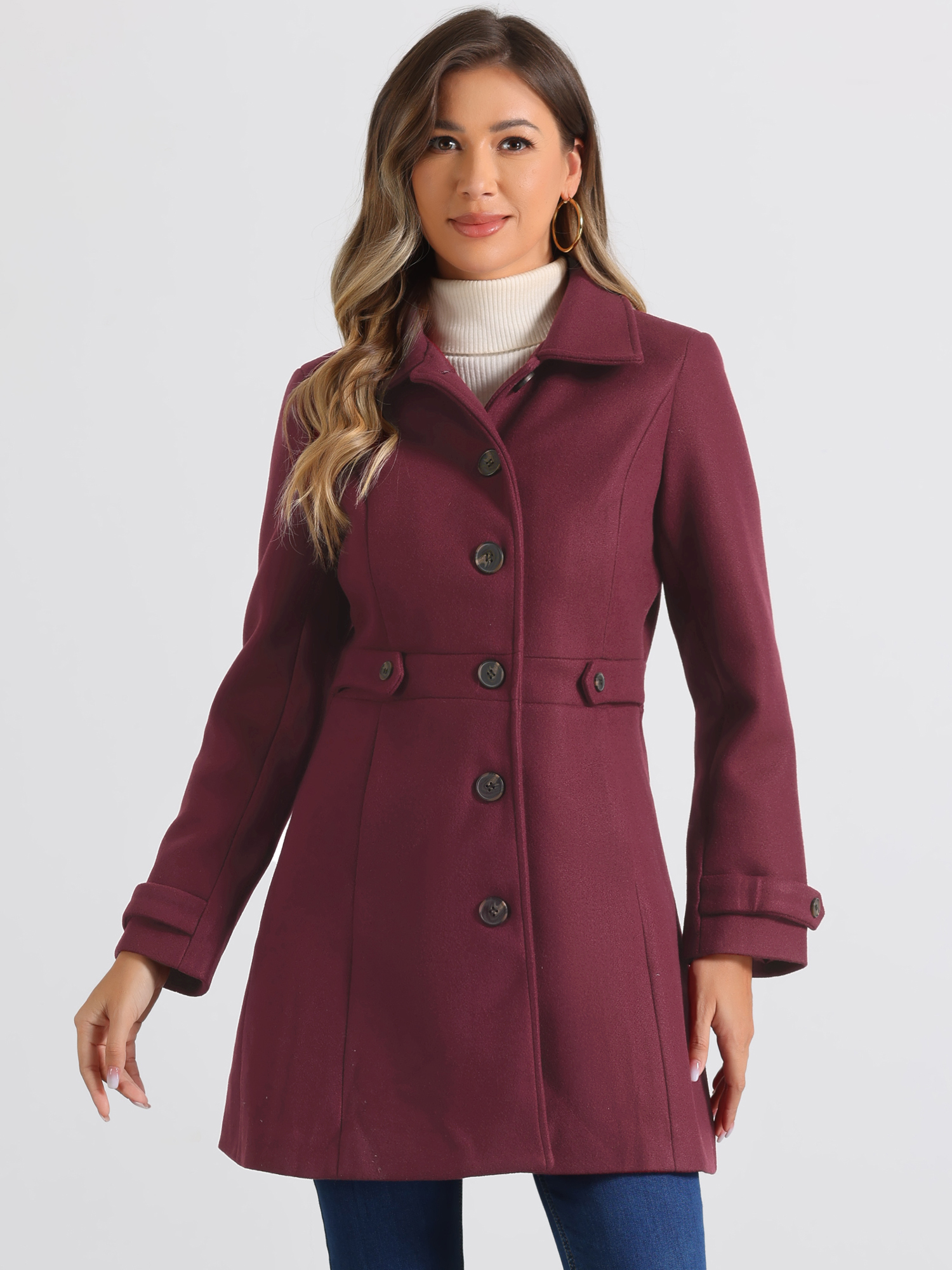 DARING DIVA Women's Single Breasted Long Outwear Winter Coat Burgundy XL