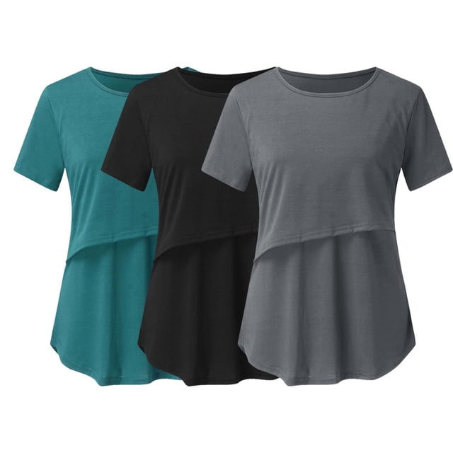 DPTALR Blouse d'Allaitement à Manches Courtes pour Grossesse, Couleur Unie, Col Rond