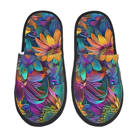 Balery Psychedelic Sunflowers Slient Indoor Furry Fleece Comfort House Shoes Soft Non-Slip Home Shoes Cotton slippers House Slippers-- Medium