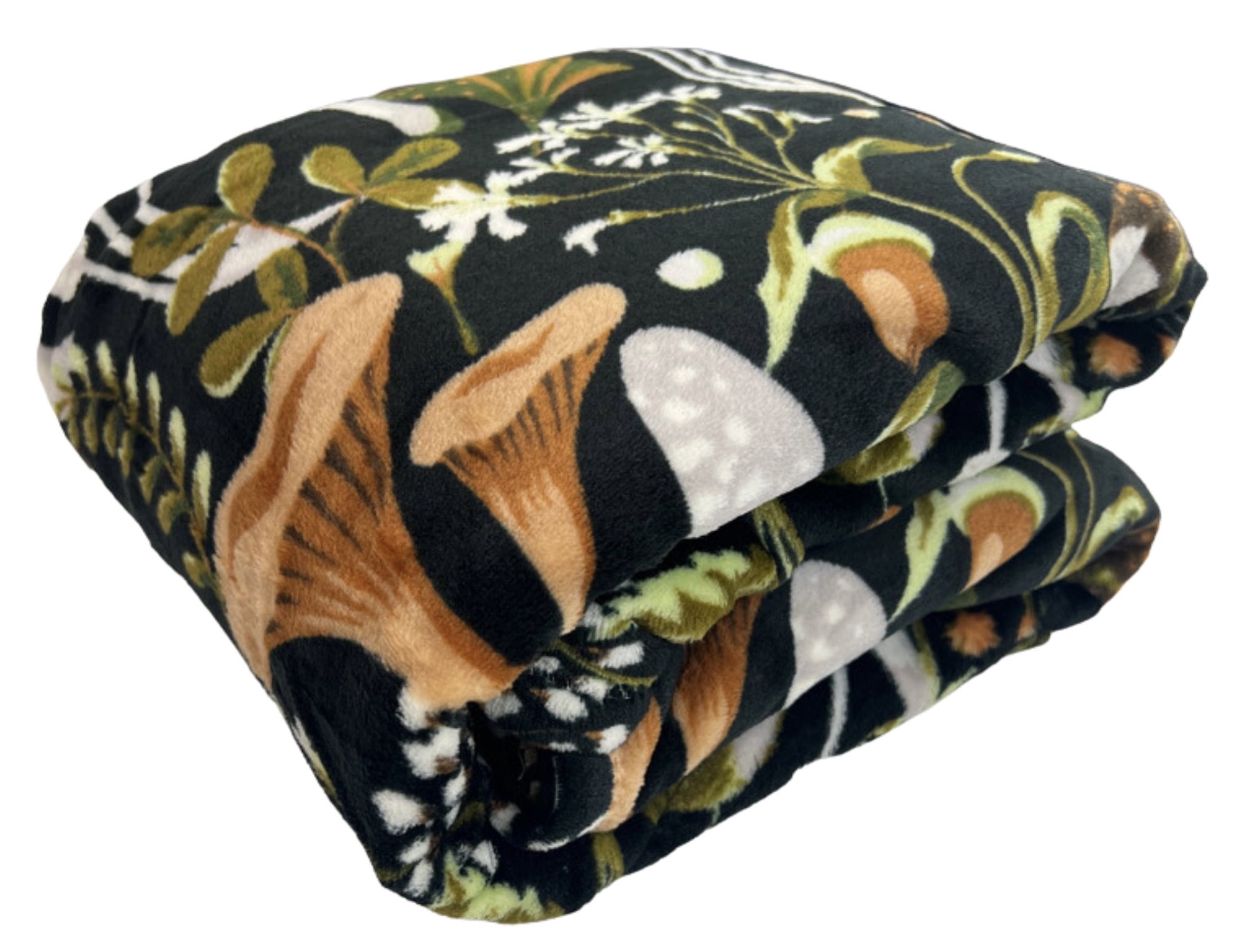 Serafina Home Decor Fleece Fall Throw Blanket: Floral Mushroom Forest Black Brown Beige And White Oversized Blanket 50" x 70"